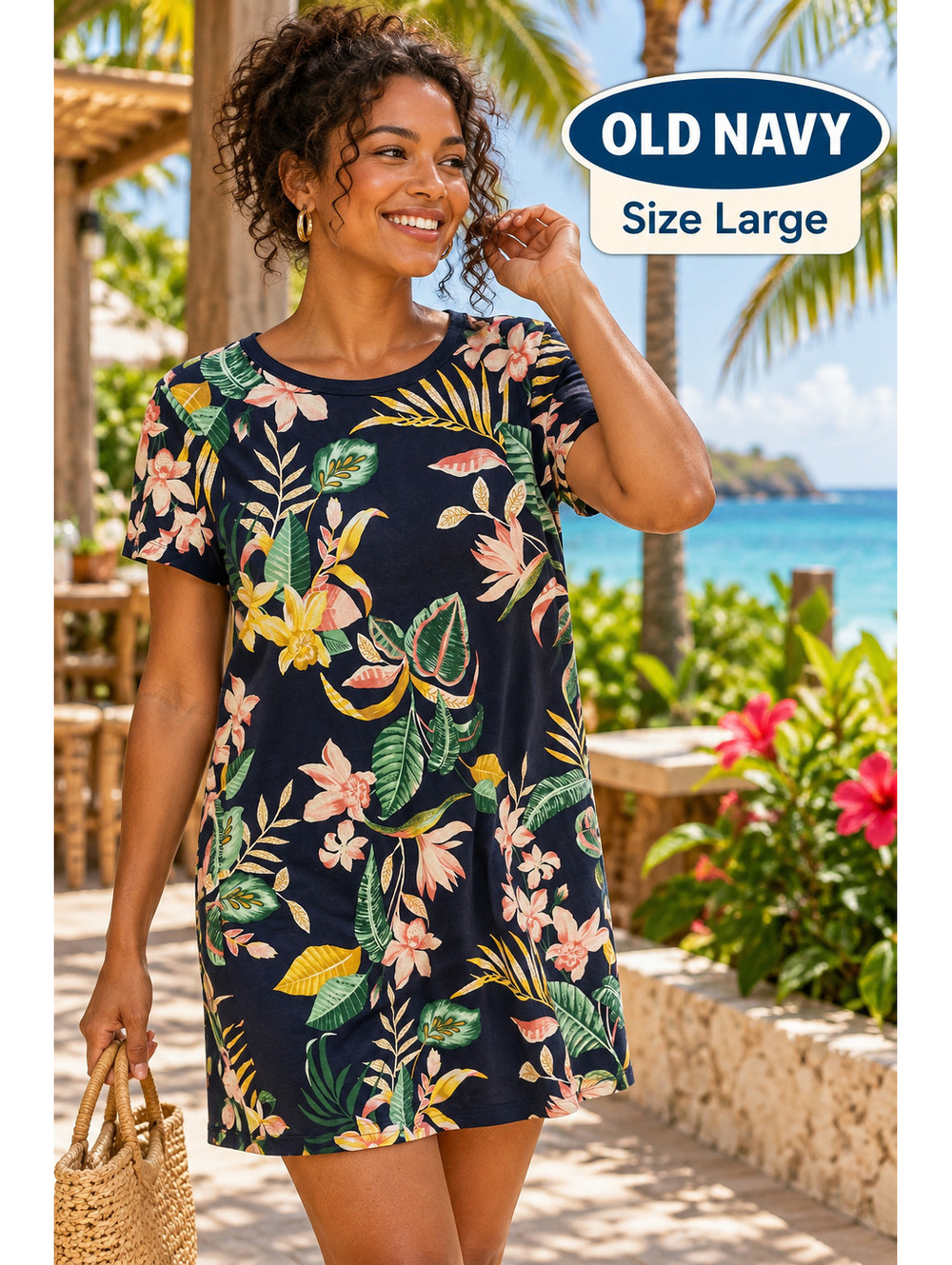 Old Navy | L | Navy Tropical Floral Short Sleeve T-Shirt Dress
